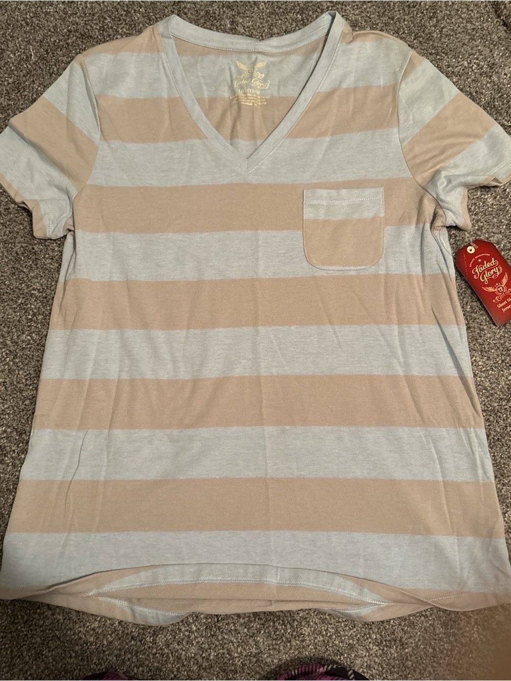 Faded Glory Baby blue and Light Gray Striped V-Neck Pocket Tee